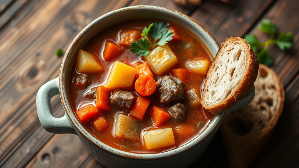 Hearty Hungarian Goulash Soup Recipe A bowl of Goulash Soup with beef, carrots, and potatoes, garnished with parsley, on a rustic table with bread.